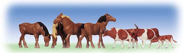 Faller 154002: Horses, brown-spotted cows